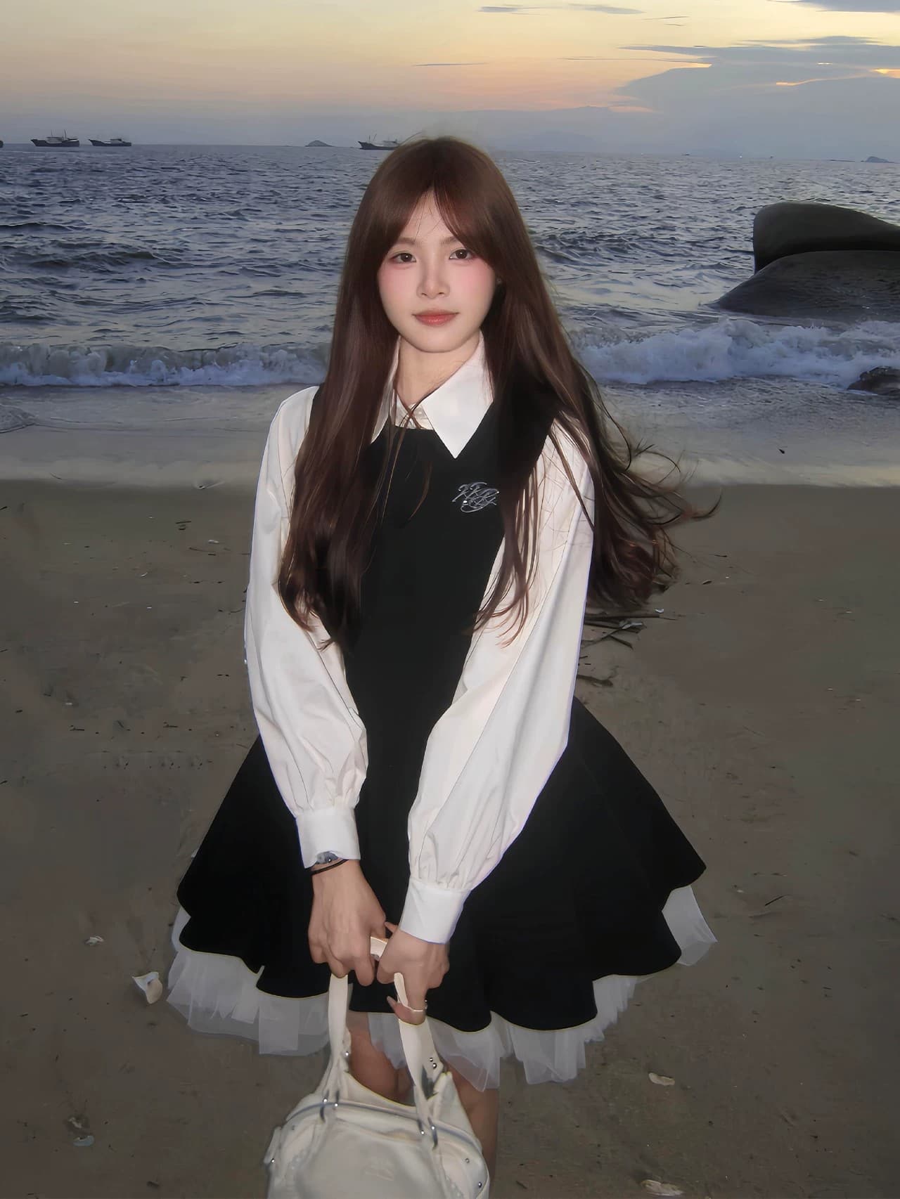 투피스 세트 벨트 브로치 검정색 여성 드레스 가을 망사 배색 공주 퍼프 스커트 화이트 맨위 상세 이미지 2