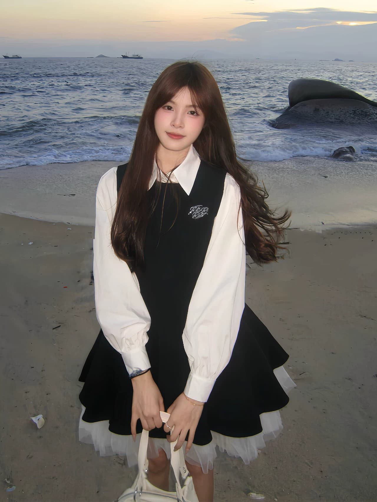 투피스 세트 벨트 브로치 검정색 여성 드레스 가을 망사 배색 공주 퍼프 스커트 화이트 맨위 상세 이미지 4