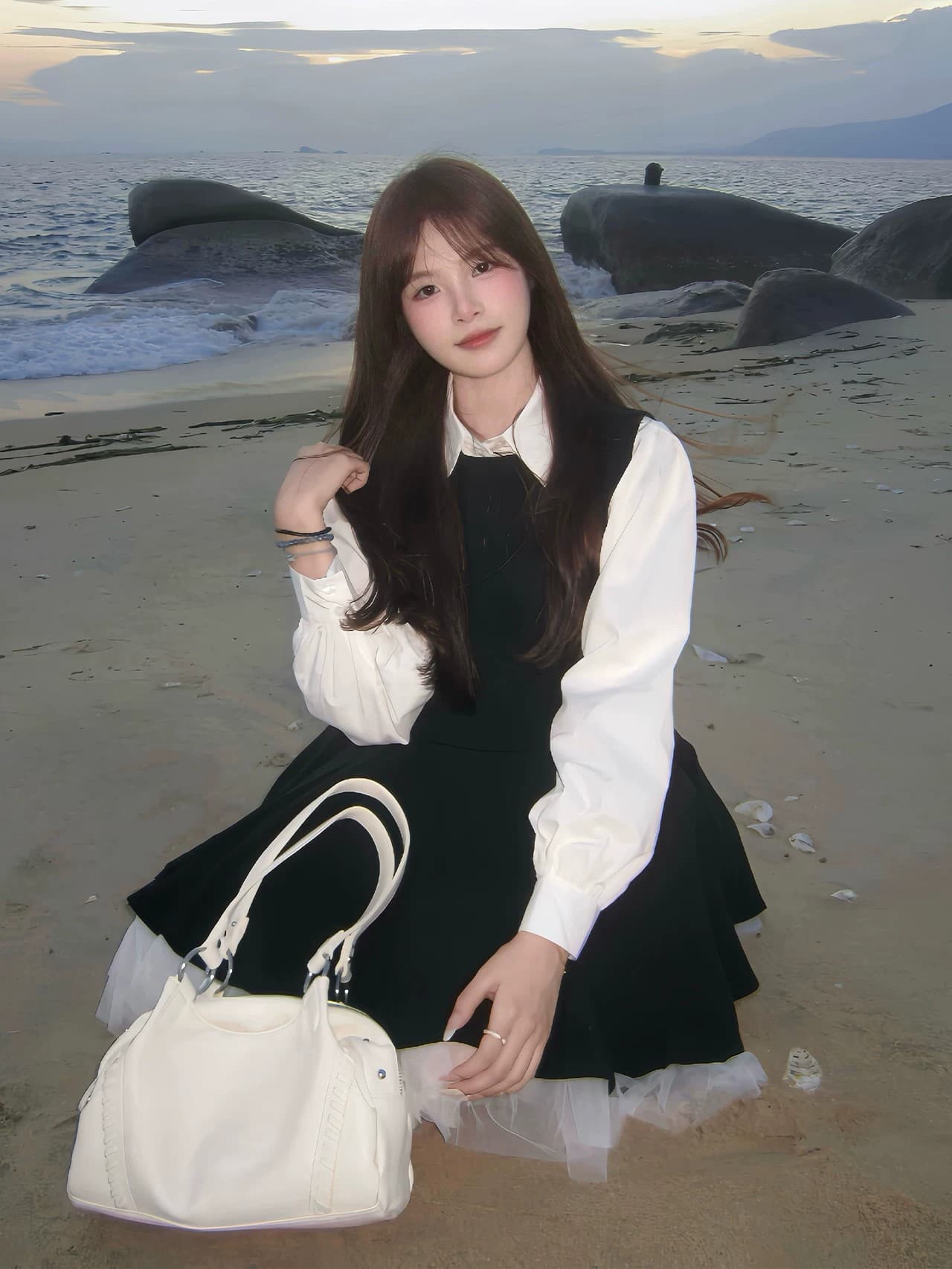 투피스 세트 벨트 브로치 검정색 여성 드레스 가을 망사 배색 공주 퍼프 스커트 화이트 맨위 상세 이미지 5