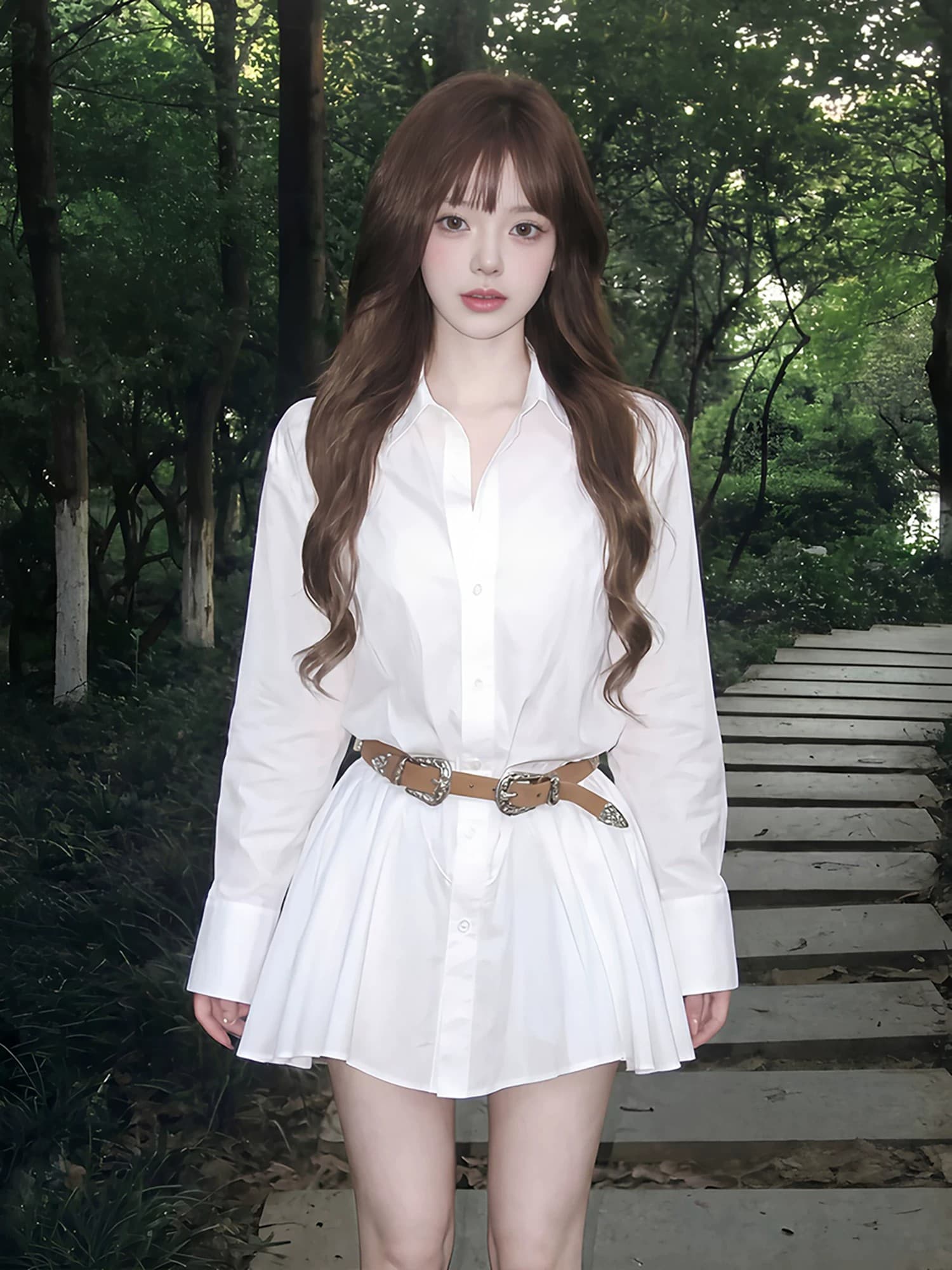 화이트 폴로 칼라 긴팔 셔츠 드레스 반바지 세트 여성 디자인 센스 치마 이미지 2