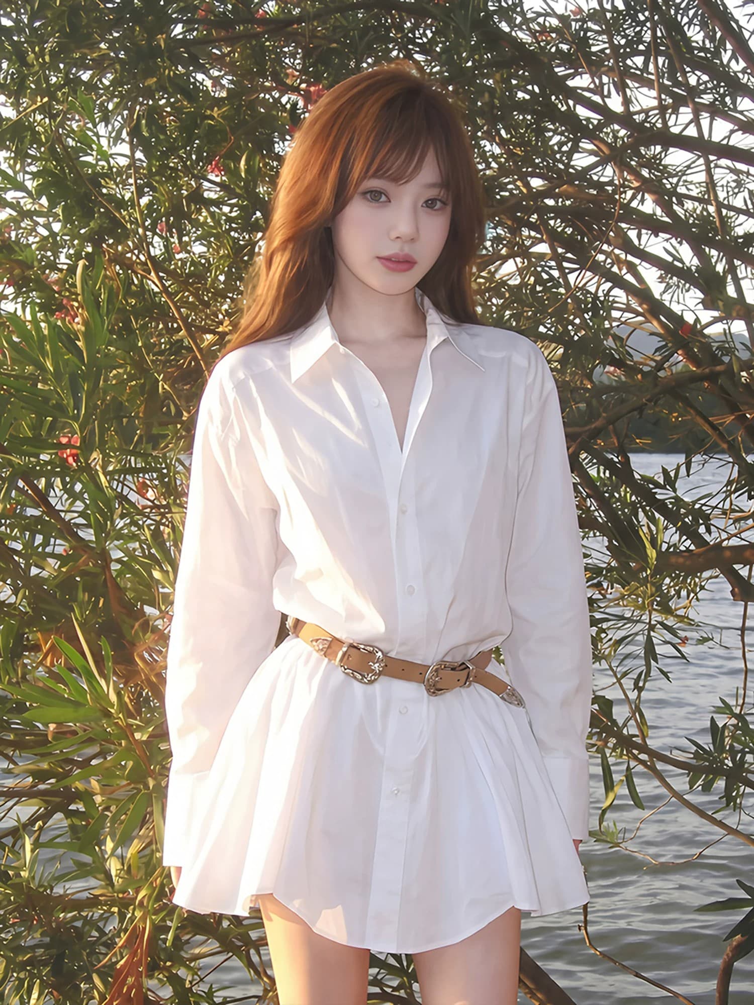 화이트 폴로 칼라 긴팔 셔츠 드레스 반바지 세트 여성 디자인 센스 치마 이미지 3