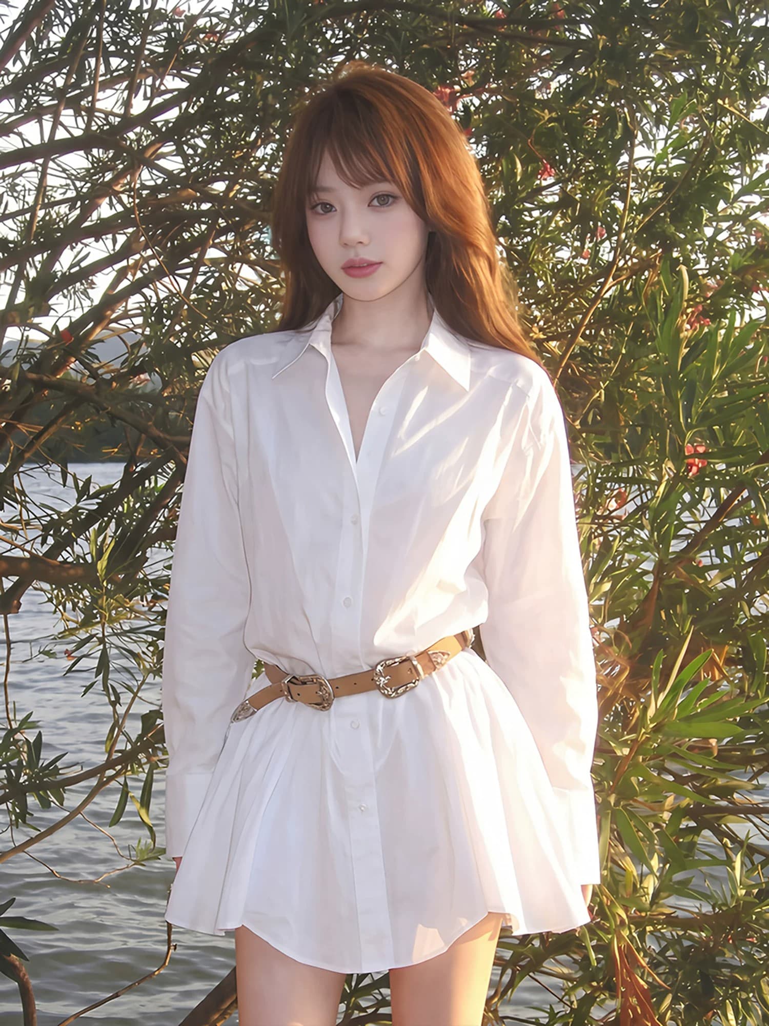 화이트 폴로 칼라 긴팔 셔츠 드레스 반바지 세트 여성 디자인 센스 치마 이미지 4