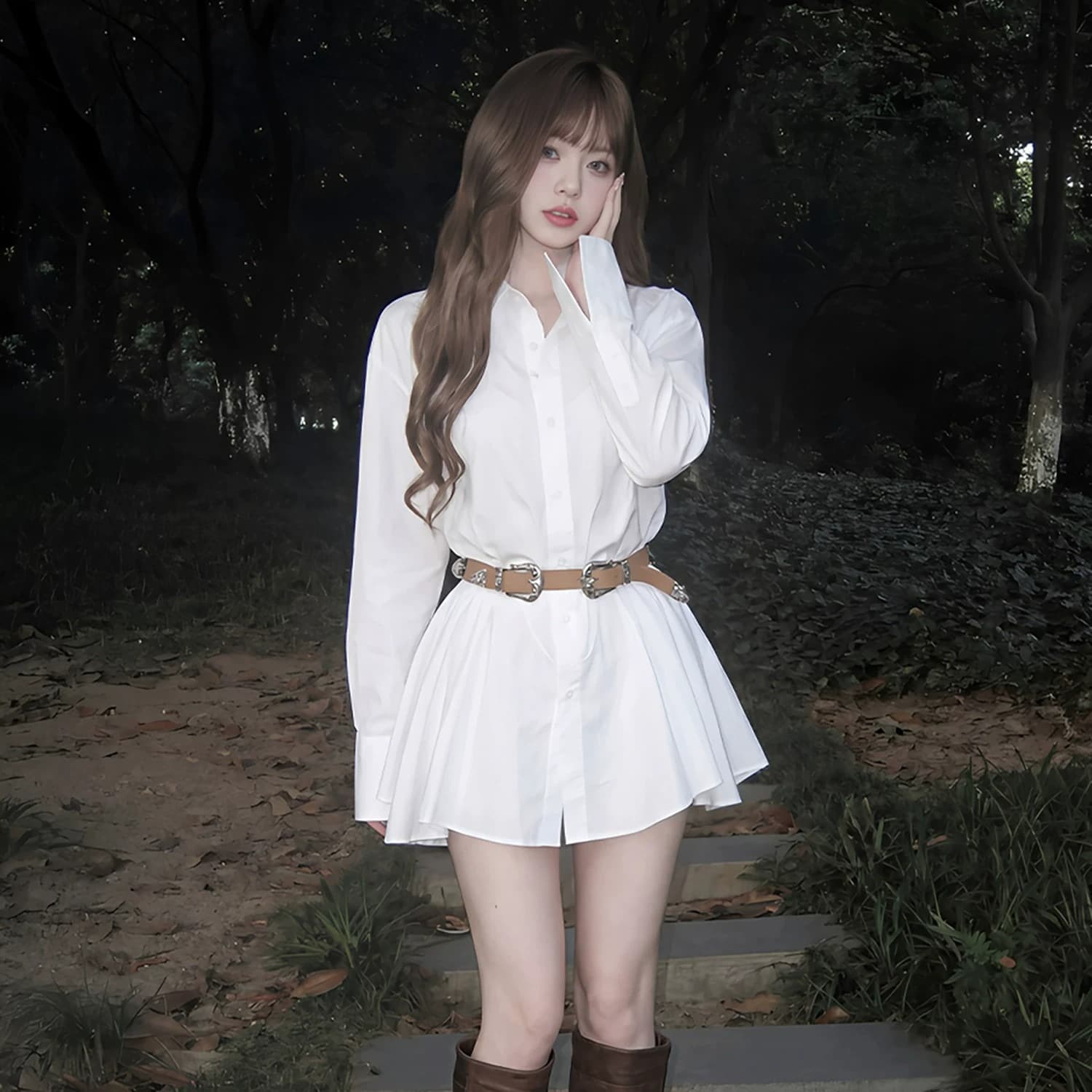 화이트 폴로 칼라 긴팔 셔츠 드레스 반바지 세트 여성 디자인 센스 치마 이미지 5