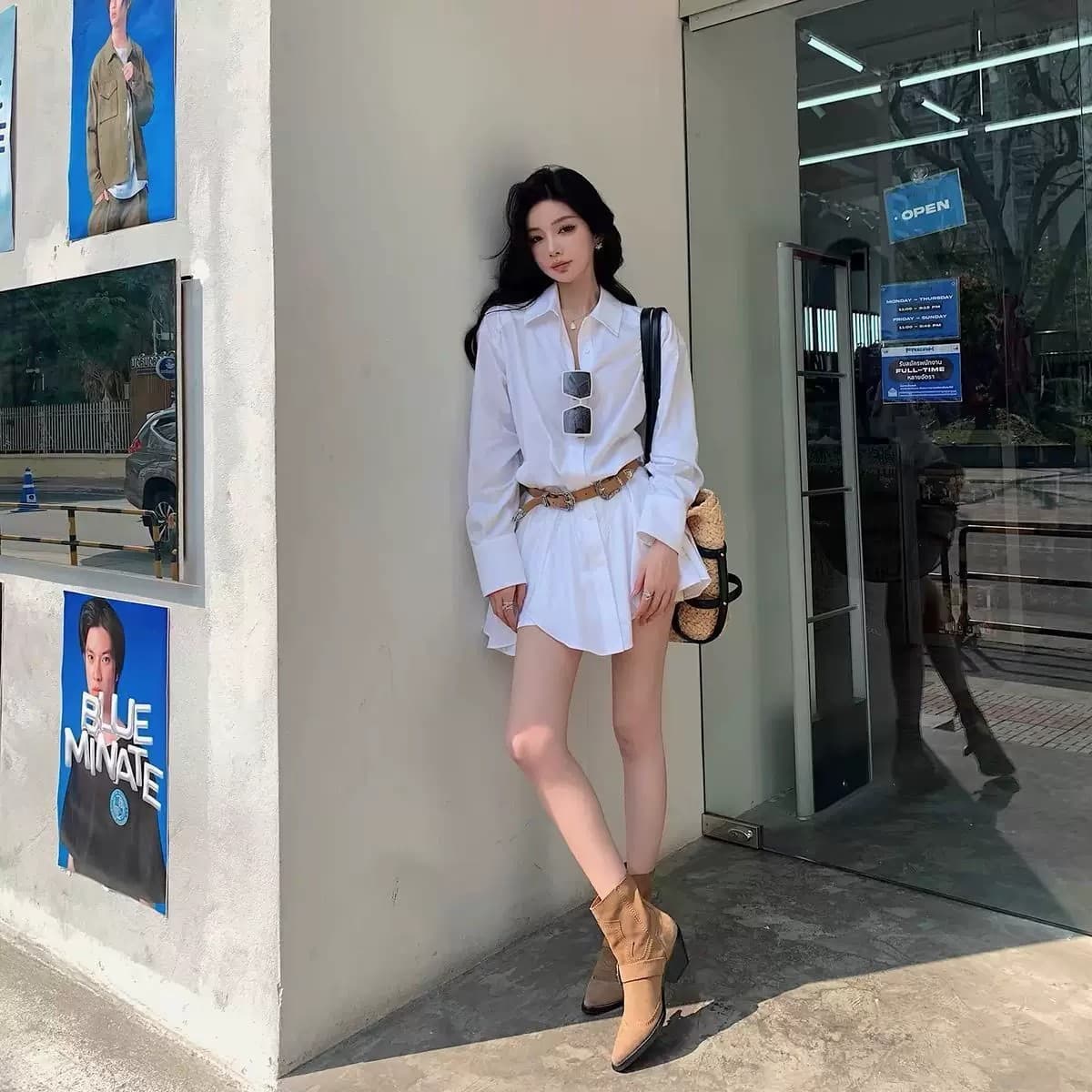 프랑스식 화이트 폴로 칼라 긴팔 셔츠 드레스 반바지 세트 여성 디자인 센스 치마