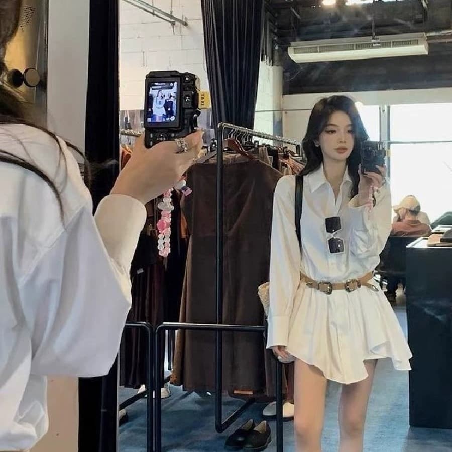 프랑스식 화이트 폴로 칼라 긴팔 셔츠 드레스 반바지 세트 여성 디자인 센스 치마 이미지 5