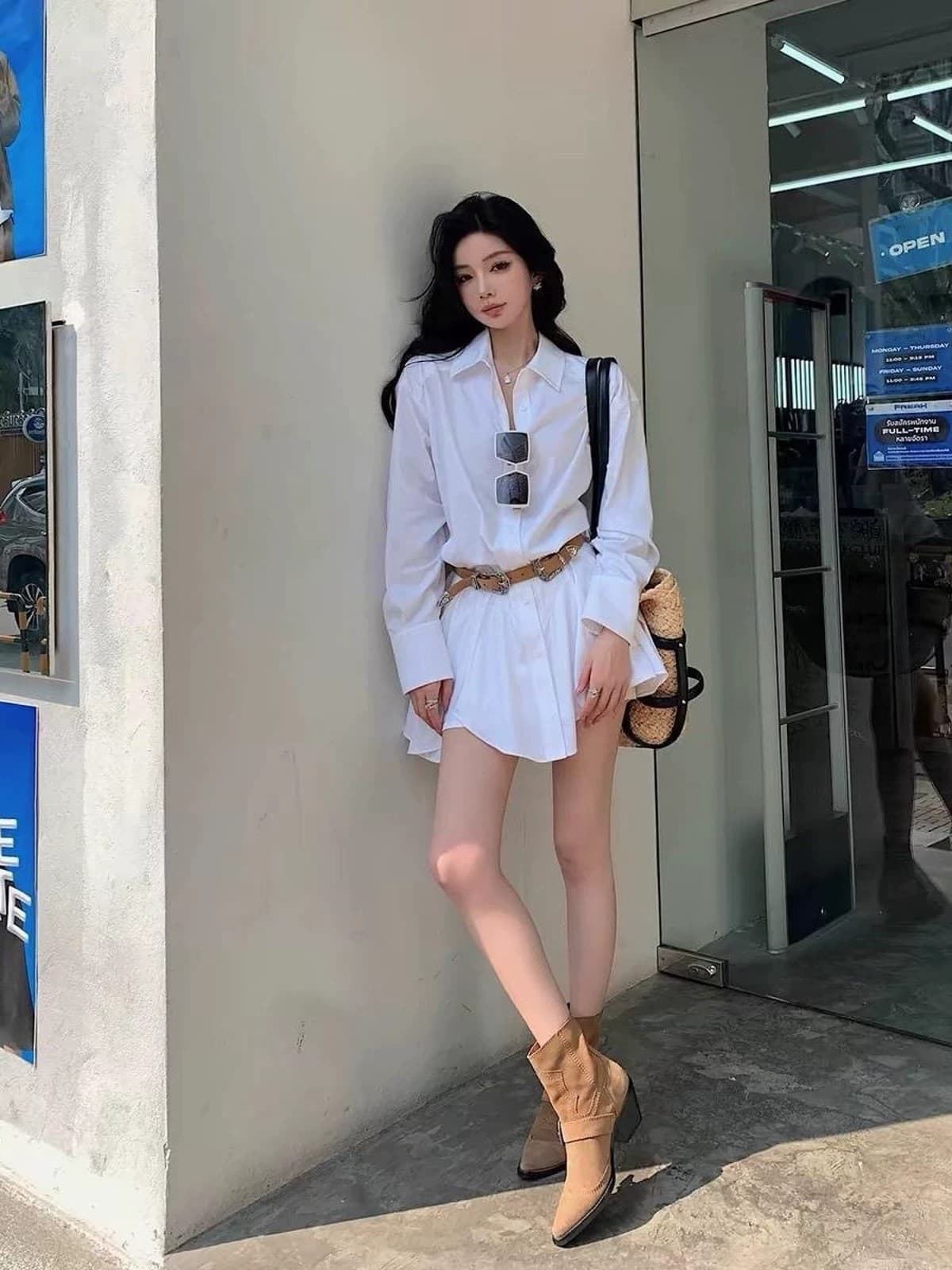 프랑스식 화이트 폴로 칼라 긴팔 셔츠 드레스 반바지 세트 여성 디자인 센스 치마 상세 이미지 1