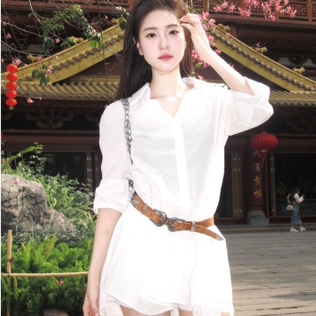 프랑스식 화이트 폴로 칼라 긴팔 셔츠 드레스 반바지 세트 여성 디자인 센스 치마 이미지 2