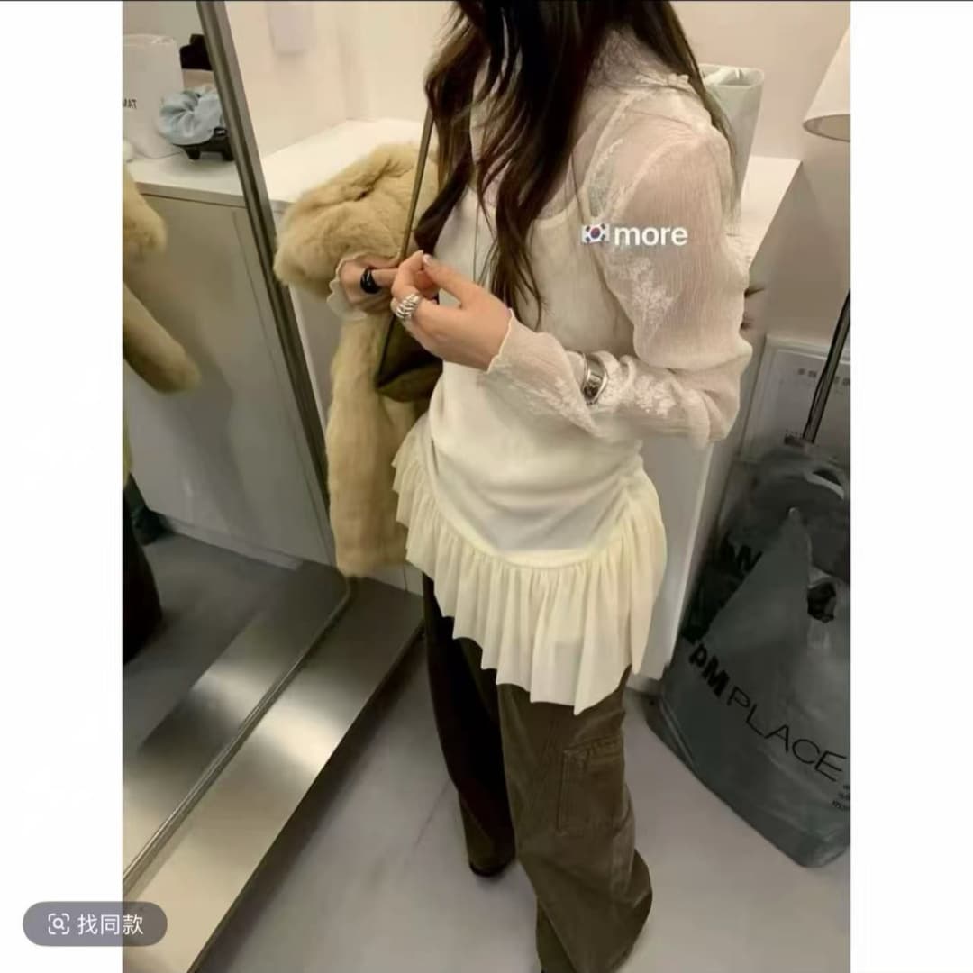 한 부서 프릴 불규칙 슬립 드레스 인사이드 가져 가라. 기본 셔츠 투피스 세트 상세 이미지 4