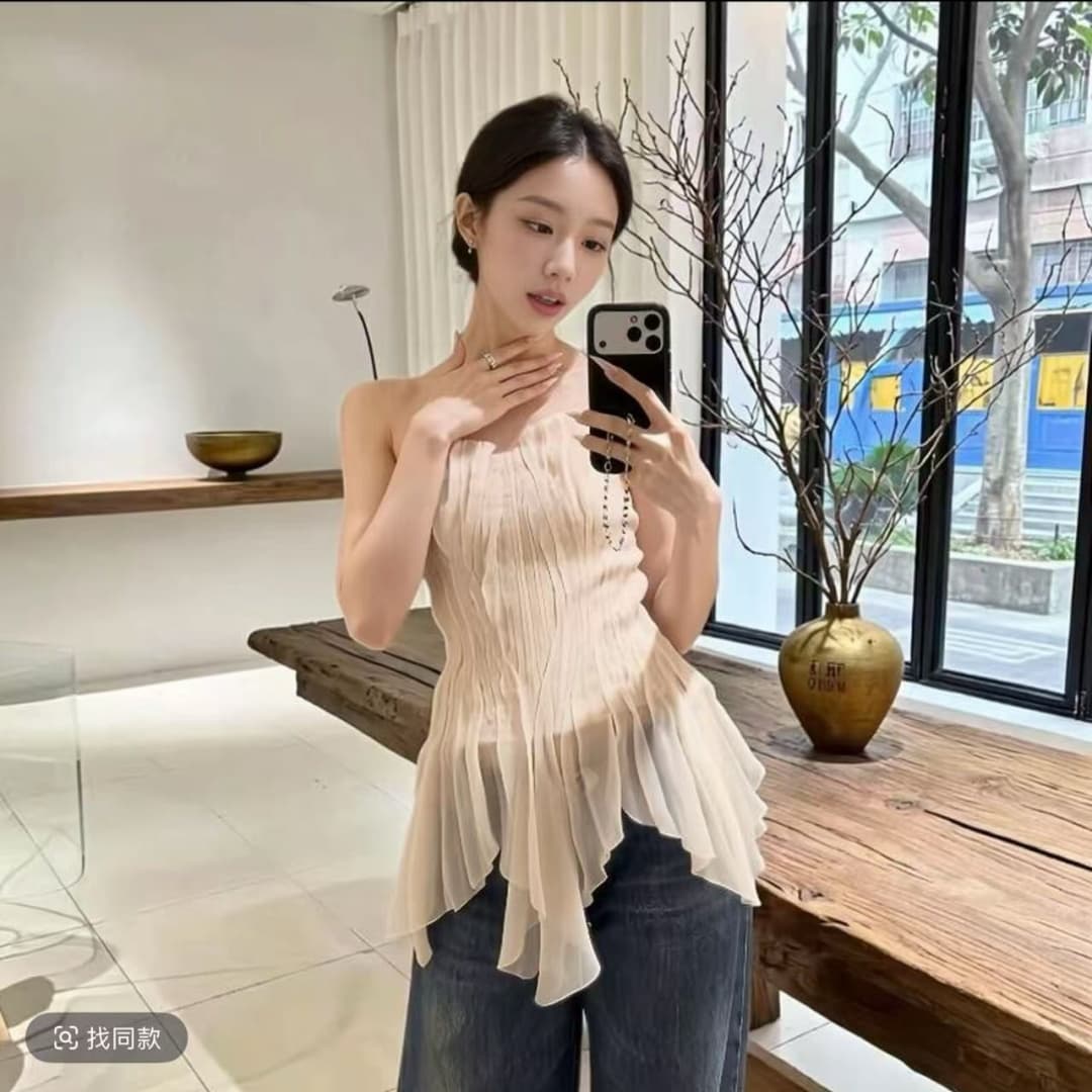 한 부서 주름 허리 프릴 튜브탑 맨위 여성 봄 여름 불규칙 밑단 시스루 핫걸 바람 품격 조끼 이미지 3