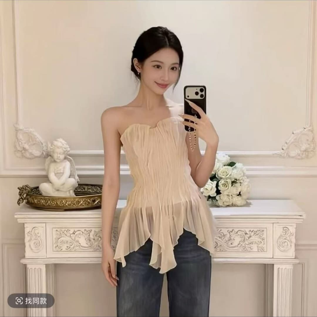 한 부서 주름 허리 프릴 튜브탑 맨위 여성 봄 여름 불규칙 밑단 시스루 핫걸 바람 품격 조끼 상세 이미지 1
