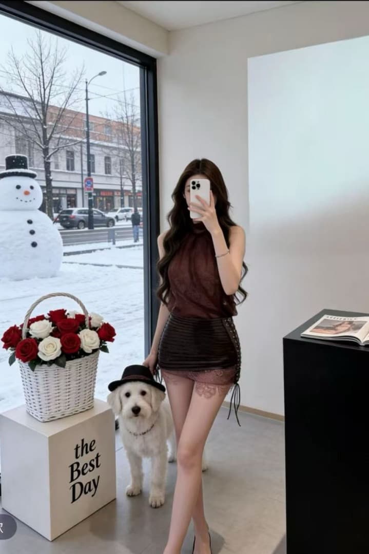 황혼 핫걸 고급 디자인 센스 브라운 실 레이스 조끼 맨위 여성 다용도 타이트 스커트 포주 미니 스커트 세트 이미지 6