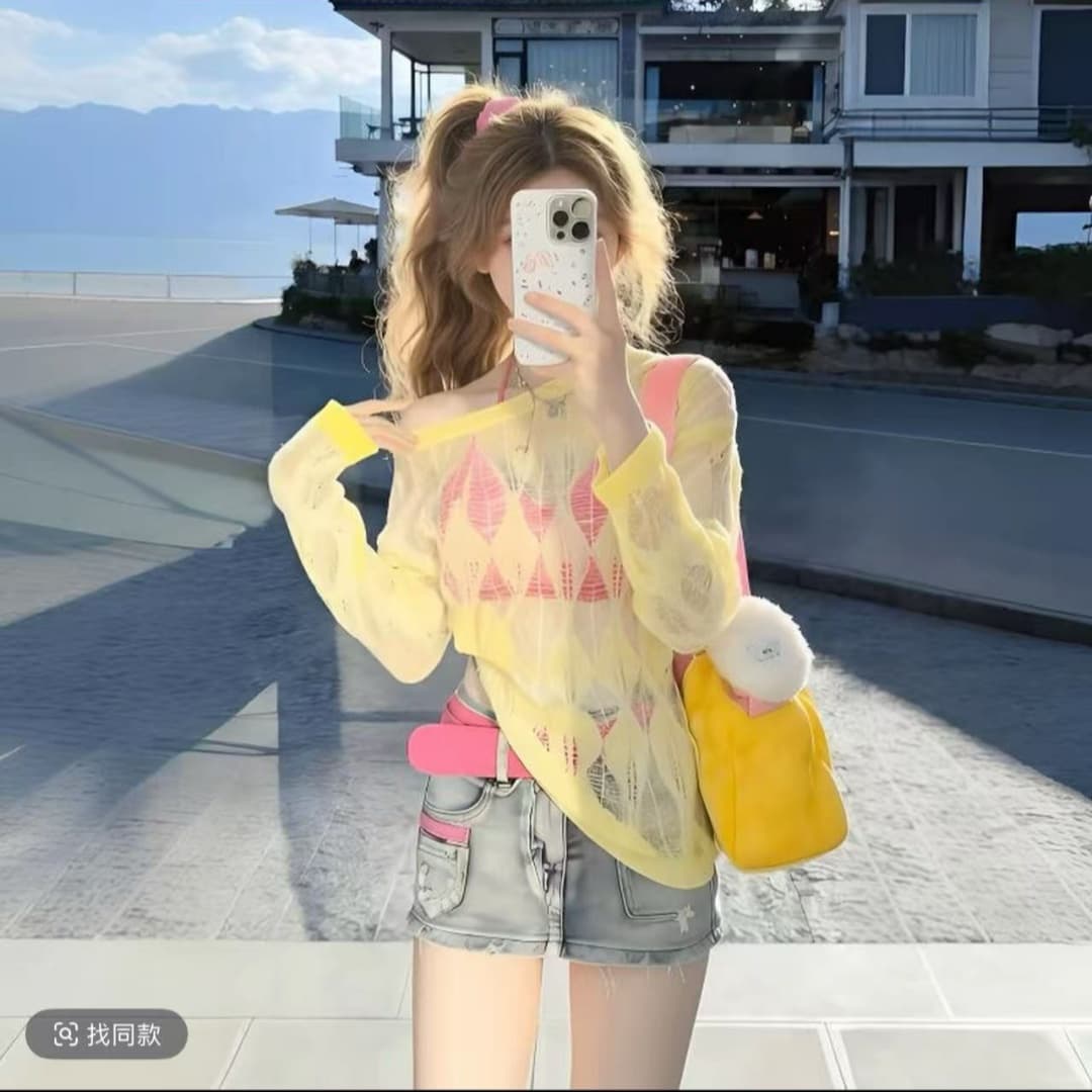 느긋한 바람 황색 마이크로 ~을 통해 긴팔 블라우스 티셔츠 여성 봄 여름 새로운 한 부서 품격 루즈핏 슬림해 보이는 얇은 스타일 맨위 이미지 2