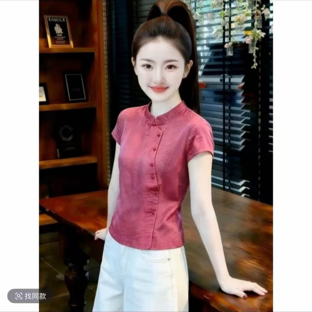 여름 켜기 새로운 레트로 새로운 중식 국풍 스탠드 칼라 긍정적 인 어깨 반팔 셔츠 맨위 여름 새로운 슬림해 보이는 패션 상세 이미지 2
