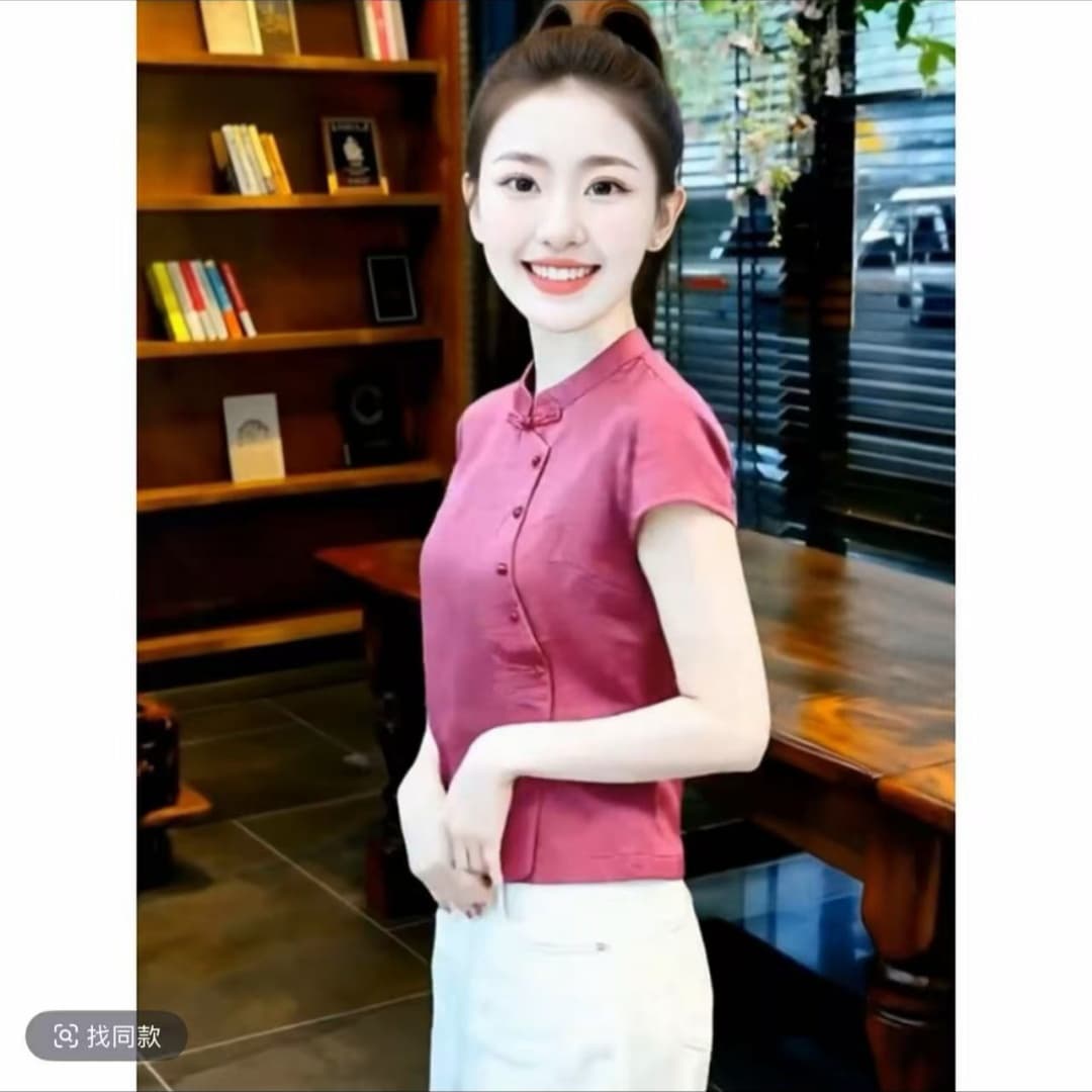여름 켜기 새로운 레트로 새로운 중식 국풍 스탠드 칼라 긍정적 인 어깨 반팔 셔츠 맨위 여름 새로운 슬림해 보이는 패션 상세 이미지 5