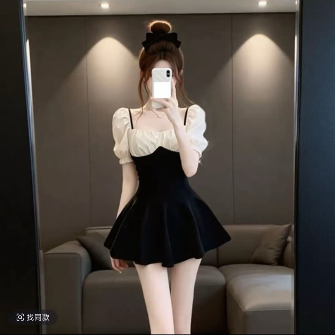 빅 사이즈 지방 mm 프랑스식 고유 한 품격 연령 감소 여성 드레스 여름 새로운 거품 소매 다용도 꼬집기 허리 A라인 스커트 이미지 3