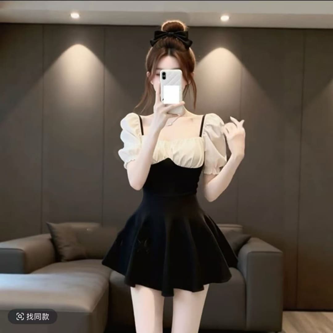 빅 사이즈 지방 mm 프랑스식 고유 한 품격 연령 감소 여성 드레스 여름 새로운 거품 소매 다용도 꼬집기 허리 A라인 스커트 이미지 4