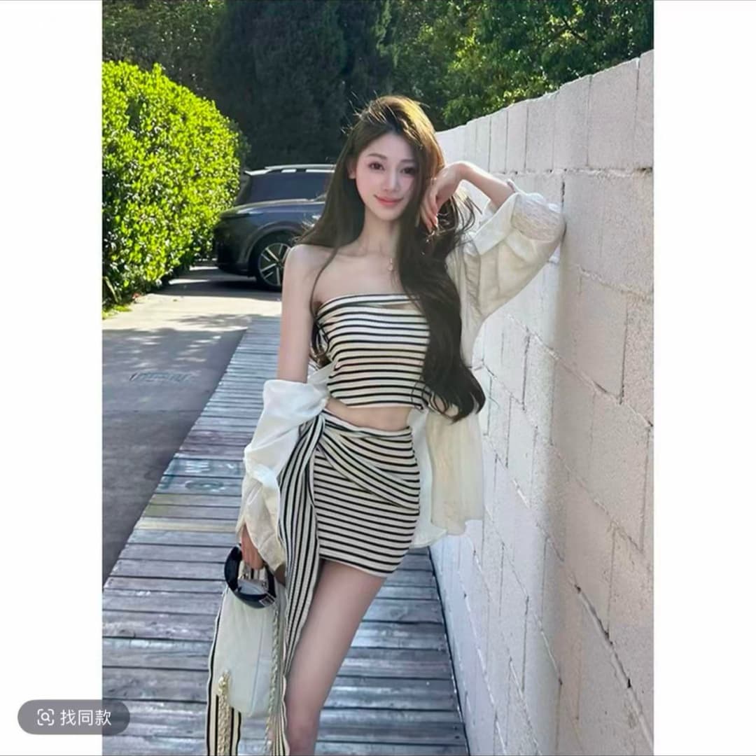 핫걸 슬림해 보이는 패션 세트 순수한 욕망 바람 섹시함 튜브탑 일식 소녀 외출용 맨위 미니 스커트 패션 세트 여성 이미지 4