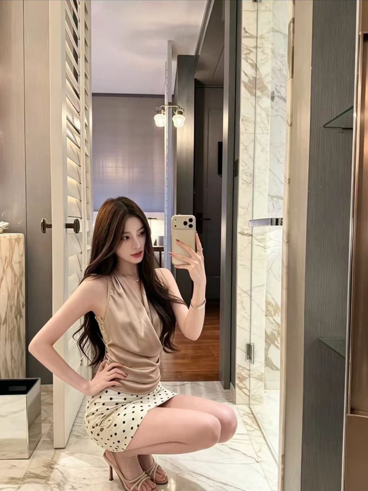 mei zi 아름다운 자세 도트 무늬 반신 스커트 두 조각 세트 장착 안전 바지 허리 로프 아니요 철거 상세 이미지 4