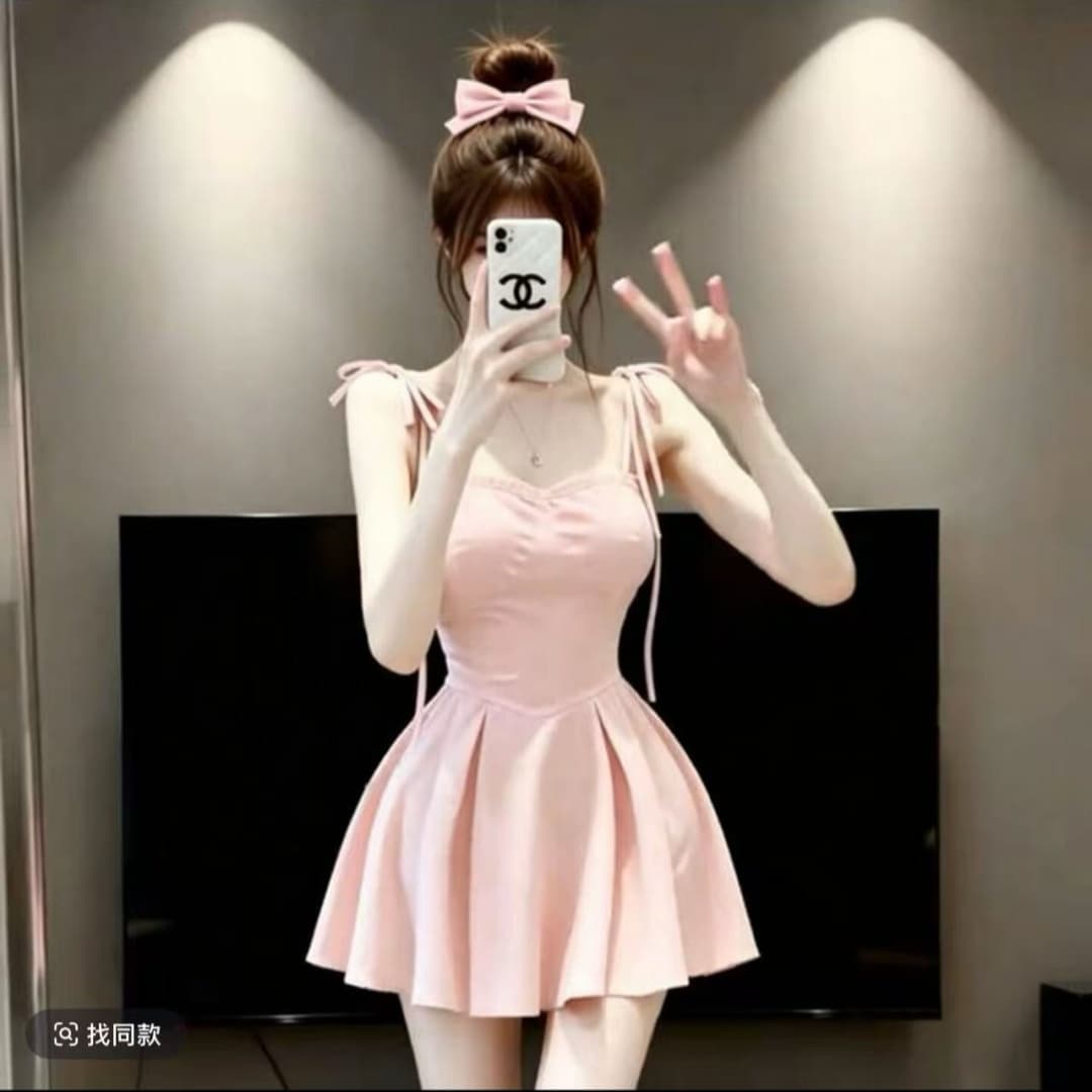 프랑스식 달콤함 소녀 바람 핑크색 슬립 여성 드레스 여름 새로운 허리 수축 퍼프 스커트 휴가 바람 미니 스커트 이미지 2