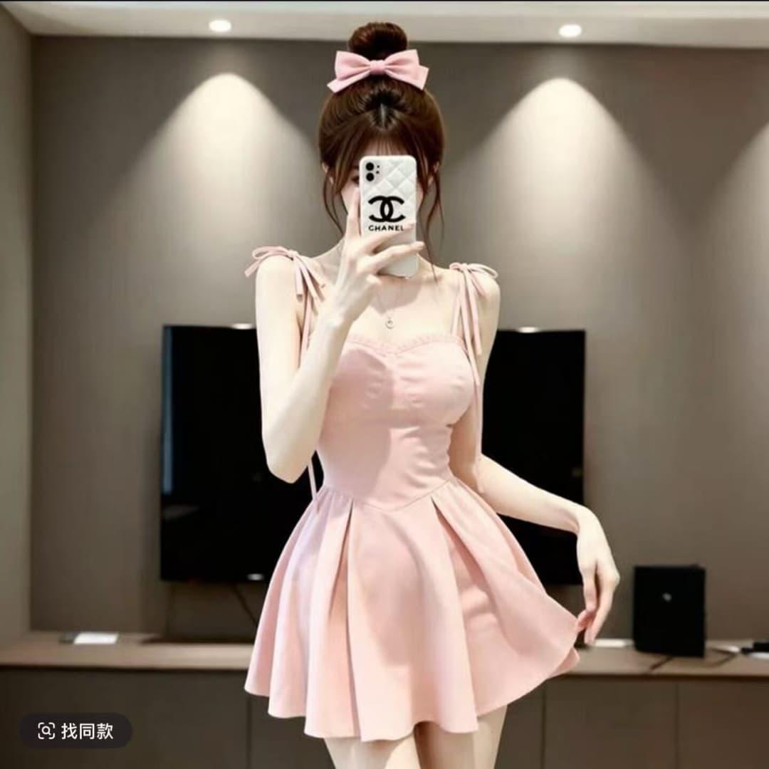 프랑스식 달콤함 소녀 바람 핑크색 슬립 여성 드레스 여름 새로운 허리 수축 퍼프 스커트 휴가 바람 미니 스커트 이미지 5