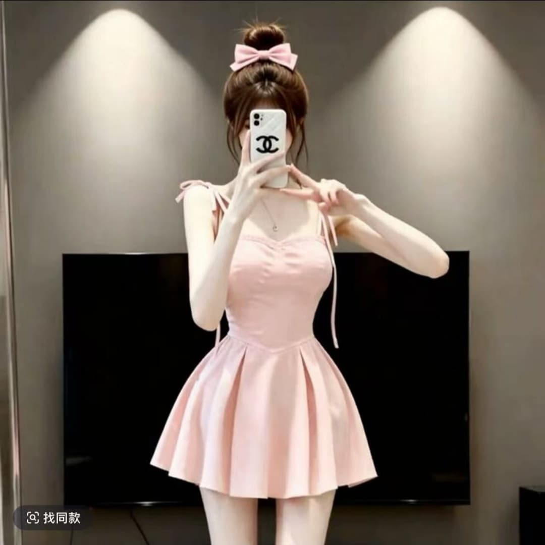 프랑스식 달콤함 소녀 바람 핑크색 슬립 여성 드레스 여름 새로운 허리 수축 퍼프 스커트 휴가 바람 미니 스커트 상세 이미지 5