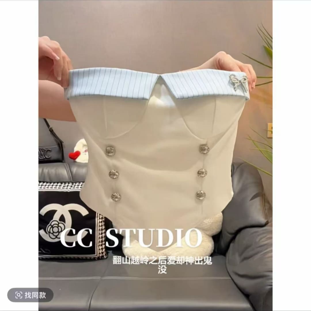 순수한 욕망 바람 작은 샤넬 스타일 달콤한 매운맛 세트 여성 여름 배색 튜브탑 맨위 하이웨이스트 플리츠 미니 스커트 상세 이미지 2