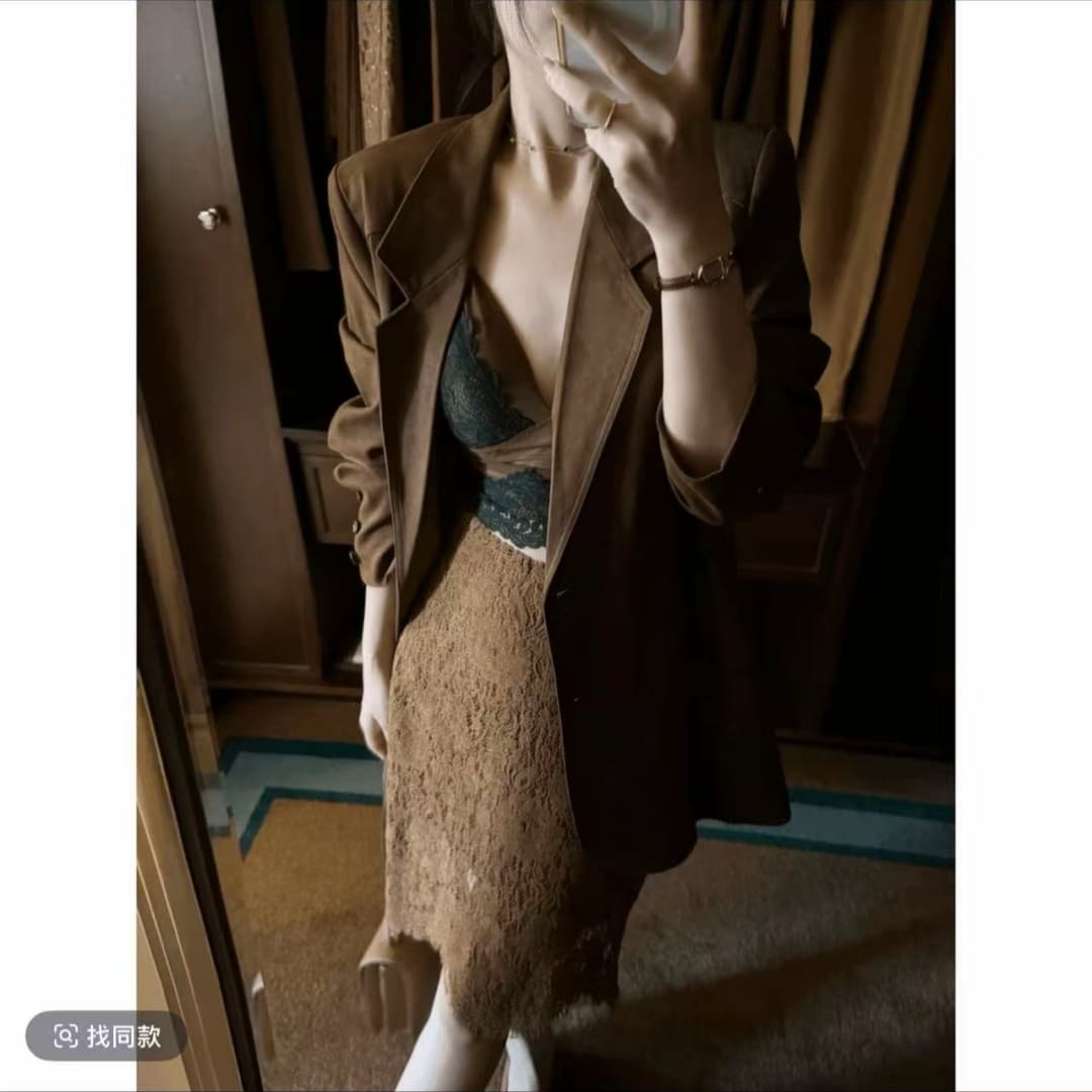 빛 요리 한 아름다운 세트 여성 조기 가을 고급 센스 로얄 자매 핫걸 브라운 블레이저 인사이드 가져 가라. 레이스 반신 스커트 상세 이미지 5