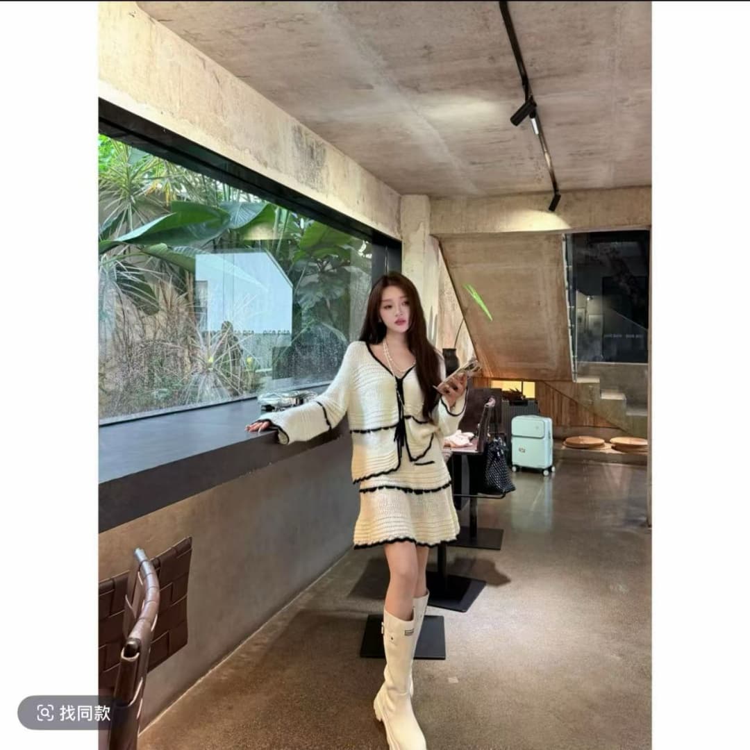 사슴 사슴 구름 객실 시 예술 작은 샤넬 스타일 배색 품격 니트 긴 소매 오픈 가디건 맨위 미니 스커트 세트 상세 이미지 5