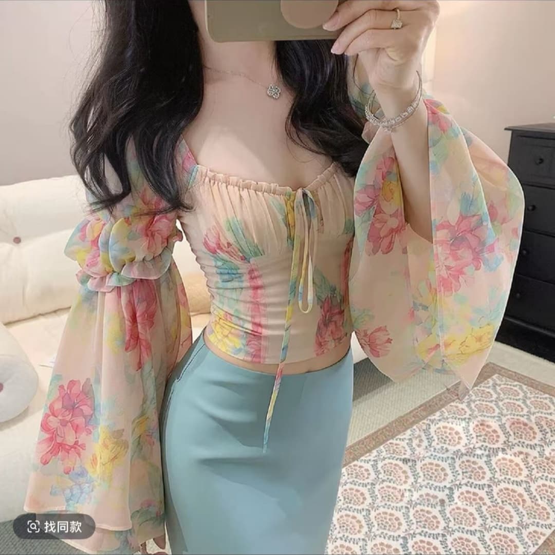 프랑스식 레트로 전원 바람 보트넥 나팔 소매 쉬폰 블라우스 조기 가을 새로운 고유 한 이리저리 떠다니다 번쩍였다 조각 맨위 여성 상세 이미지 3