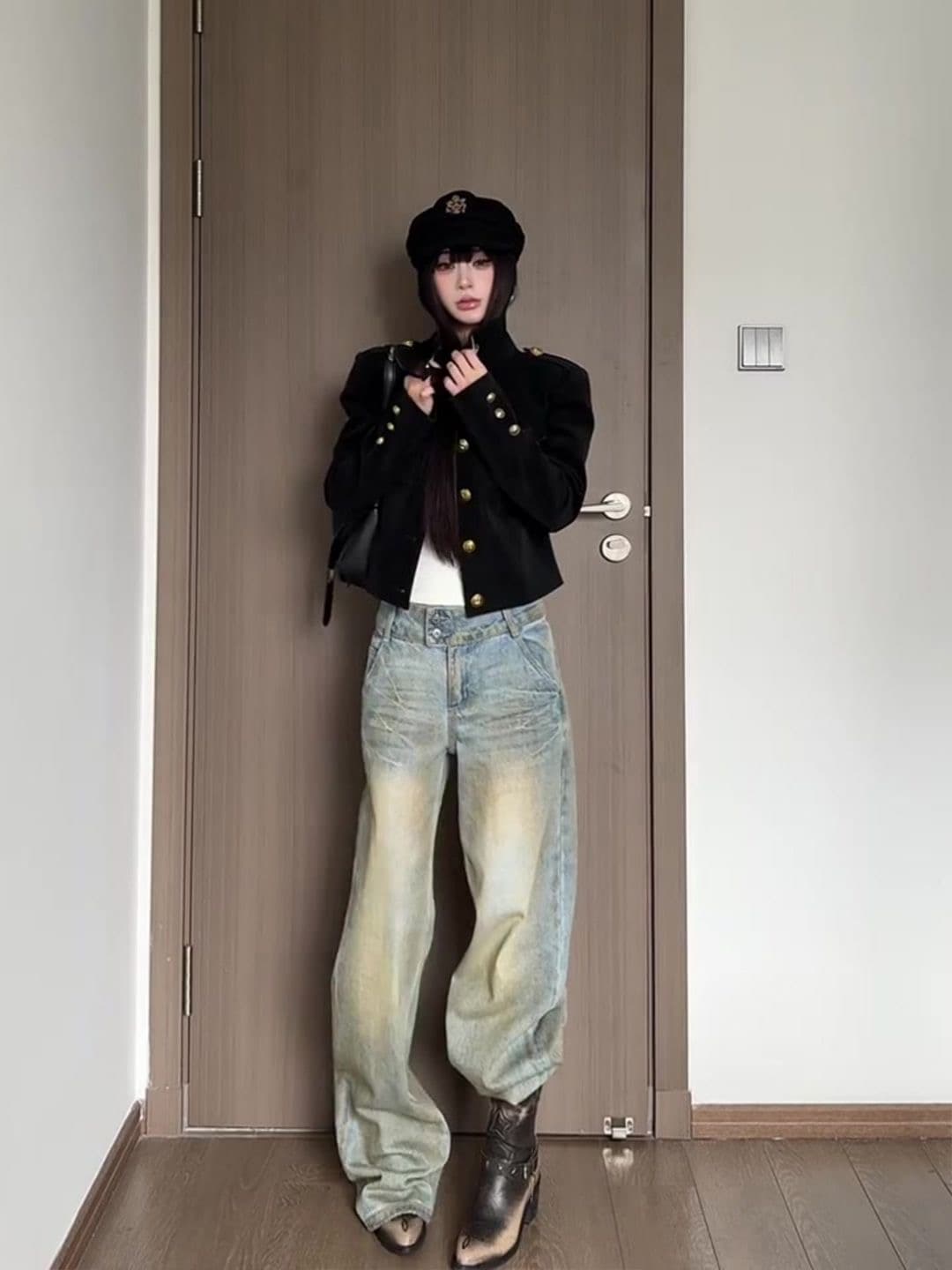 아메리칸 레트로 검정색 스탠드 칼라 쇼트 스타일 여성 코트 가을 고급 센스 품격 캐주얼 루즈핏 재킷 맨위