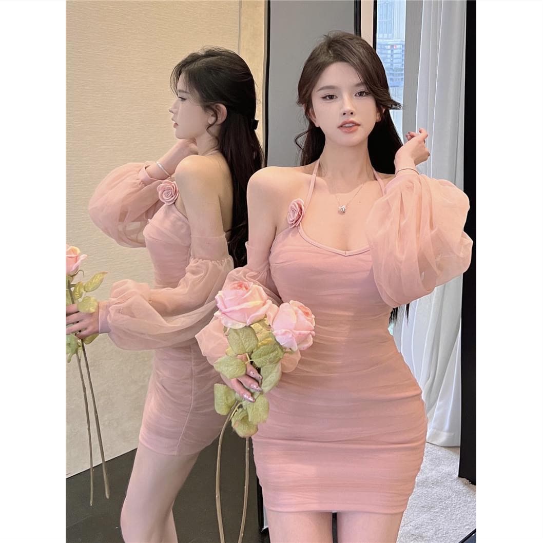 섹시함 핑크색 거품 소매 품격 요정 드레스 허리 수축 오프숄더 행침 목 슬립 순수한 욕망 핫걸 미니 스커트 여름 이미지 3