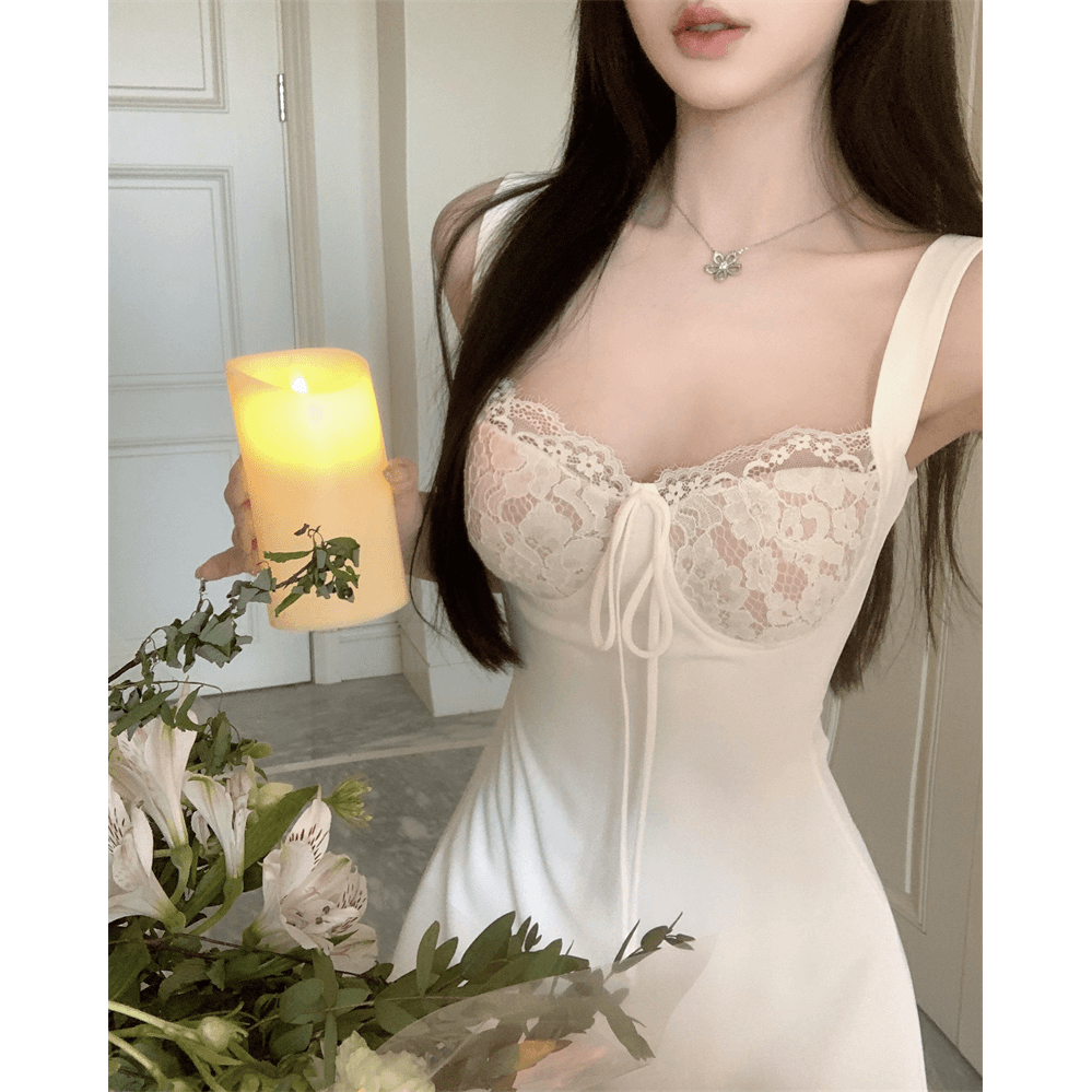 프랑스식 달콤함 레이스 조각 슬립 여성 드레스 여름 허리 수축 슬림해 보이는 섹시함 미니 스커트 순수한 욕망 바람 A라인 스커트 이미지 4