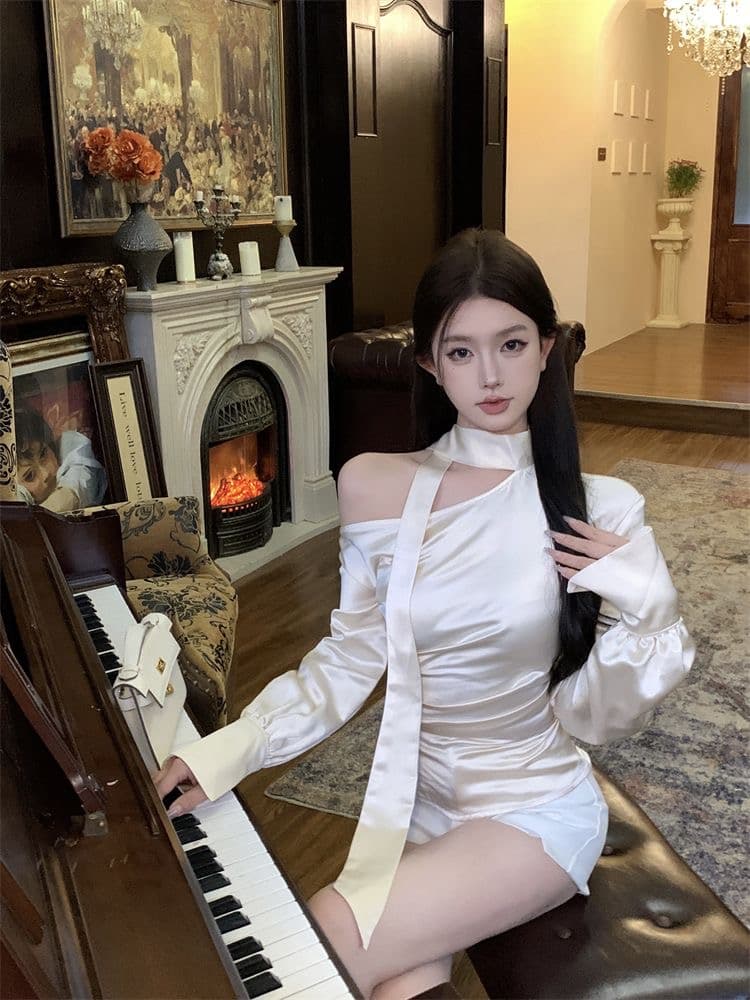 비스듬한 어깨 섹시함 새틴 리본 긴팔 여성 셔츠 여름 몸매 가꾸기 품격 작은 대중 셔츠 고급 센스 보라색 맨위 이미지 2