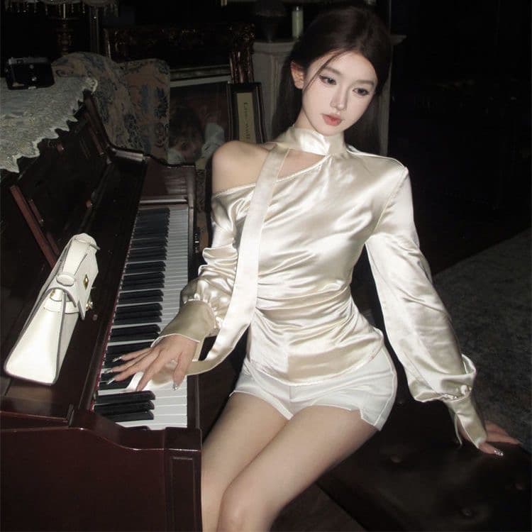 비스듬한 어깨 섹시함 새틴 리본 긴팔 여성 셔츠 여름 몸매 가꾸기 품격 작은 대중 셔츠 고급 센스 보라색 맨위 이미지 3