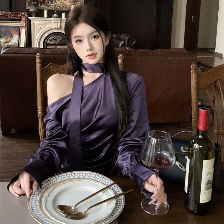 비스듬한 어깨 섹시함 새틴 리본 긴팔 여성 셔츠 여름 몸매 가꾸기 품격 작은 대중 셔츠 고급 센스 보라색 맨위 이미지 4