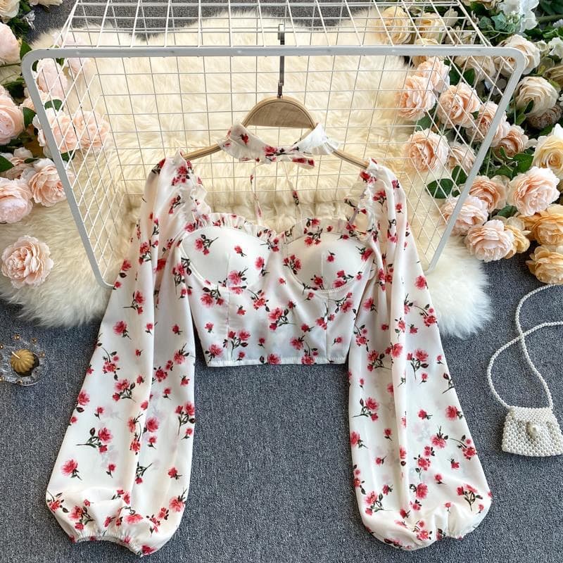 센 부서 달콤함 꽃무늬 거품 소매 쇼트 스타일 이슬 허리 여성 셔츠 프릴 행침 목 레이스업 쉬폰 블라우스 맨위 여성 이미지 3