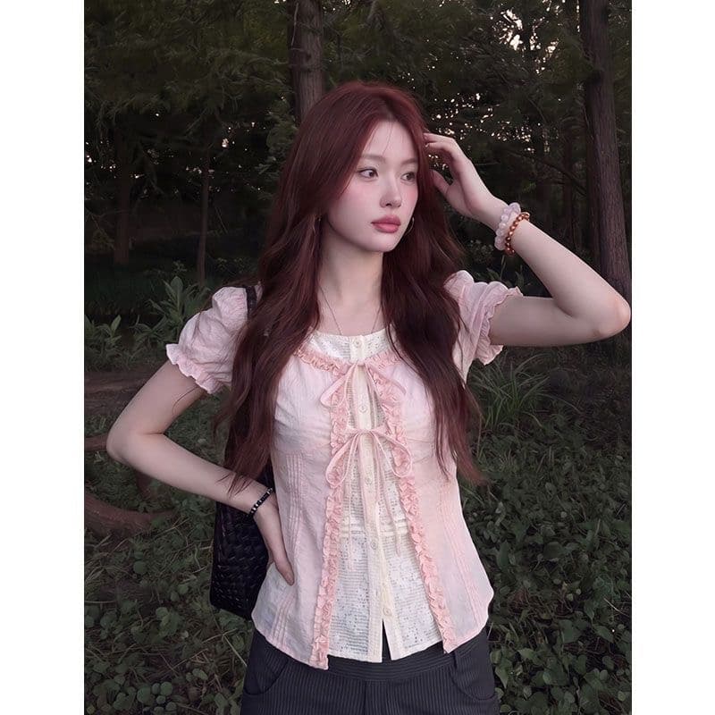 달콤함 소녀 바람 페이크 레이어드 나비 매듭 여성 셔츠 여름 새로운 반팔 몸매 가꾸기 슬림해 보이는 연령 감소 다용도 맨위 이미지 3