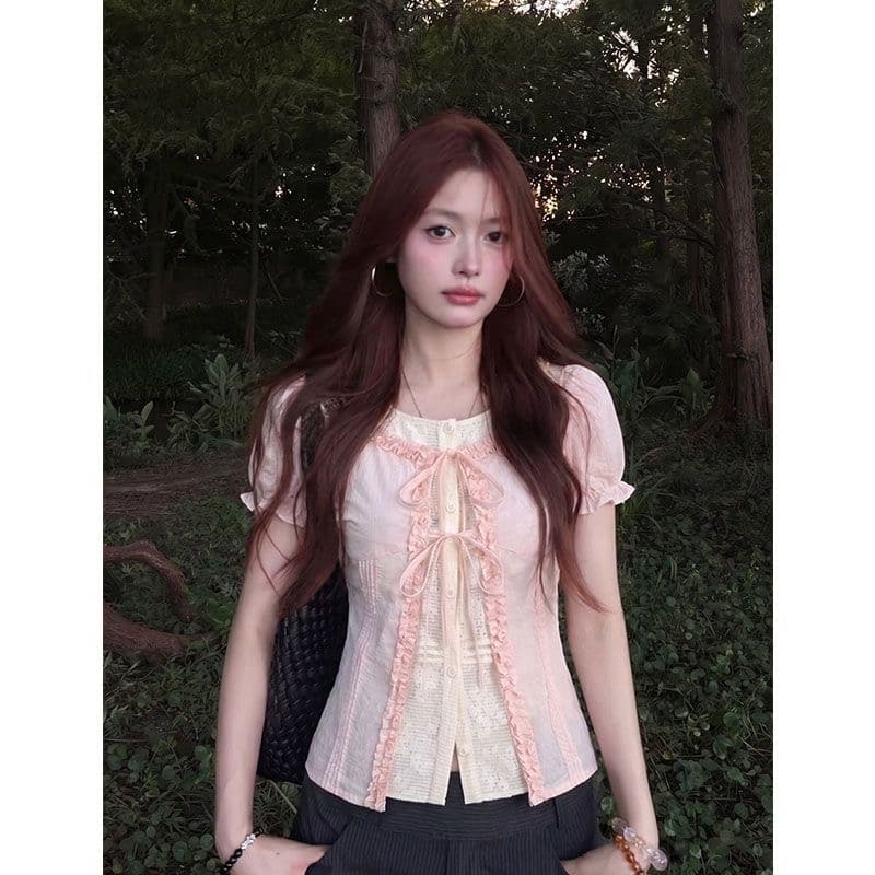 달콤함 소녀 바람 페이크 레이어드 나비 매듭 여성 셔츠 여름 새로운 반팔 몸매 가꾸기 슬림해 보이는 연령 감소 다용도 맨위 이미지 4