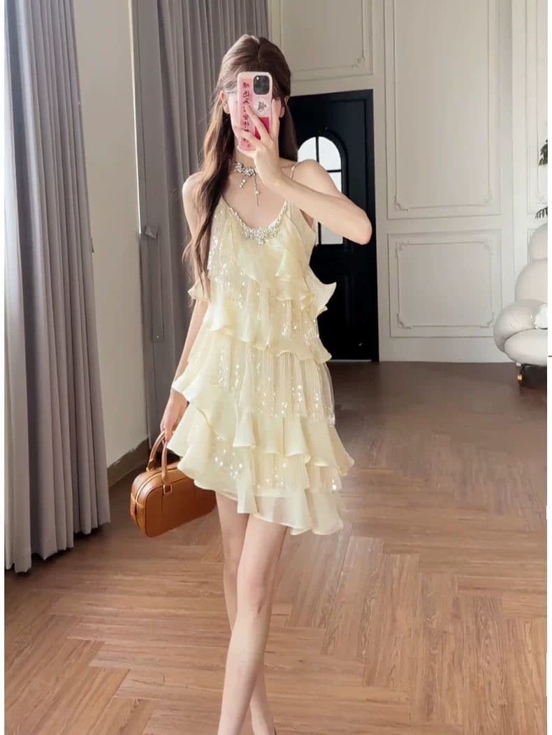품격 순수한 욕망 바람 핫픽스 스팽글 작은 대중 디자인 고급 센스 핫걸 프릴 불규칙 슬립 여성 드레스 이미지 2