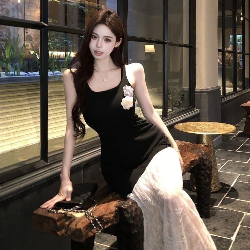3 차원 꽃 검정색 슬립 여성 드레스 여름 망사 패치워크 허리 수축 치마 순수한 욕망 몸매 가꾸기 타이트 스커트 롱 스커트 이미지 4