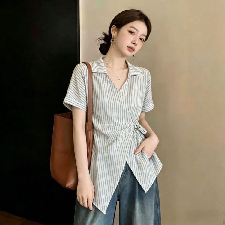 마이크로 지방 mm 여름 한 스타일 허리 수축 십자가 V넥 파란색 스트라이프 반팔 폴로 칼라 바지를 입는 셔츠 빅 사이즈 맨위 여성