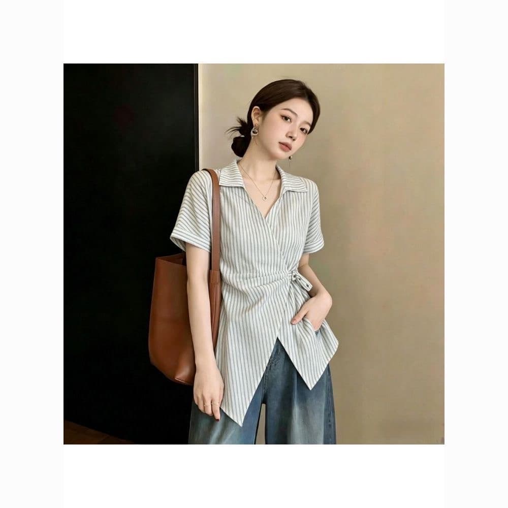 마이크로 지방 mm 여름 한 스타일 허리 수축 십자가 V넥 파란색 스트라이프 반팔 폴로 칼라 바지를 입는 셔츠 빅 사이즈 맨위 여성 이미지 4