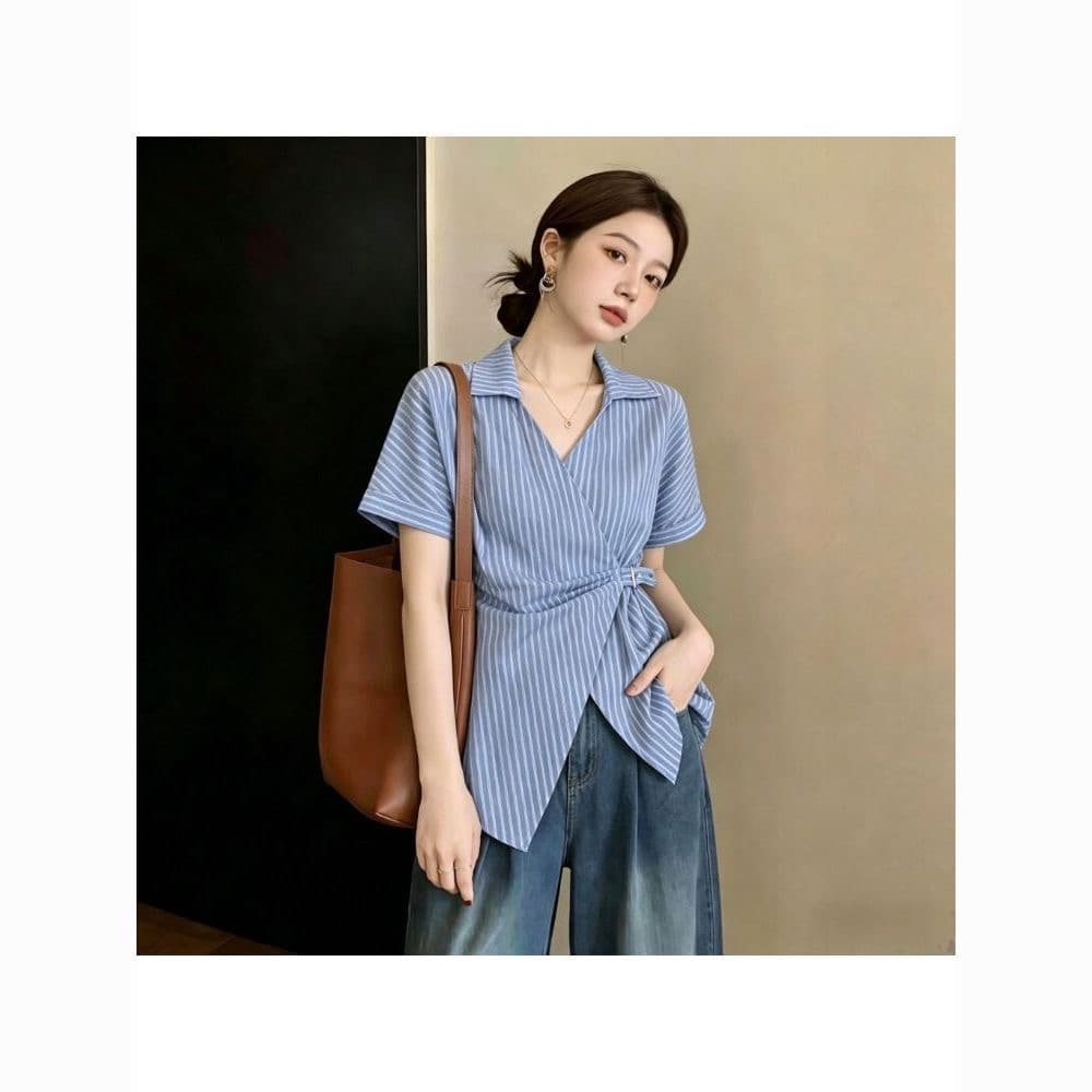 마이크로 지방 mm 여름 한 스타일 허리 수축 십자가 V넥 파란색 스트라이프 반팔 폴로 칼라 바지를 입는 셔츠 빅 사이즈 맨위 여성 이미지 3