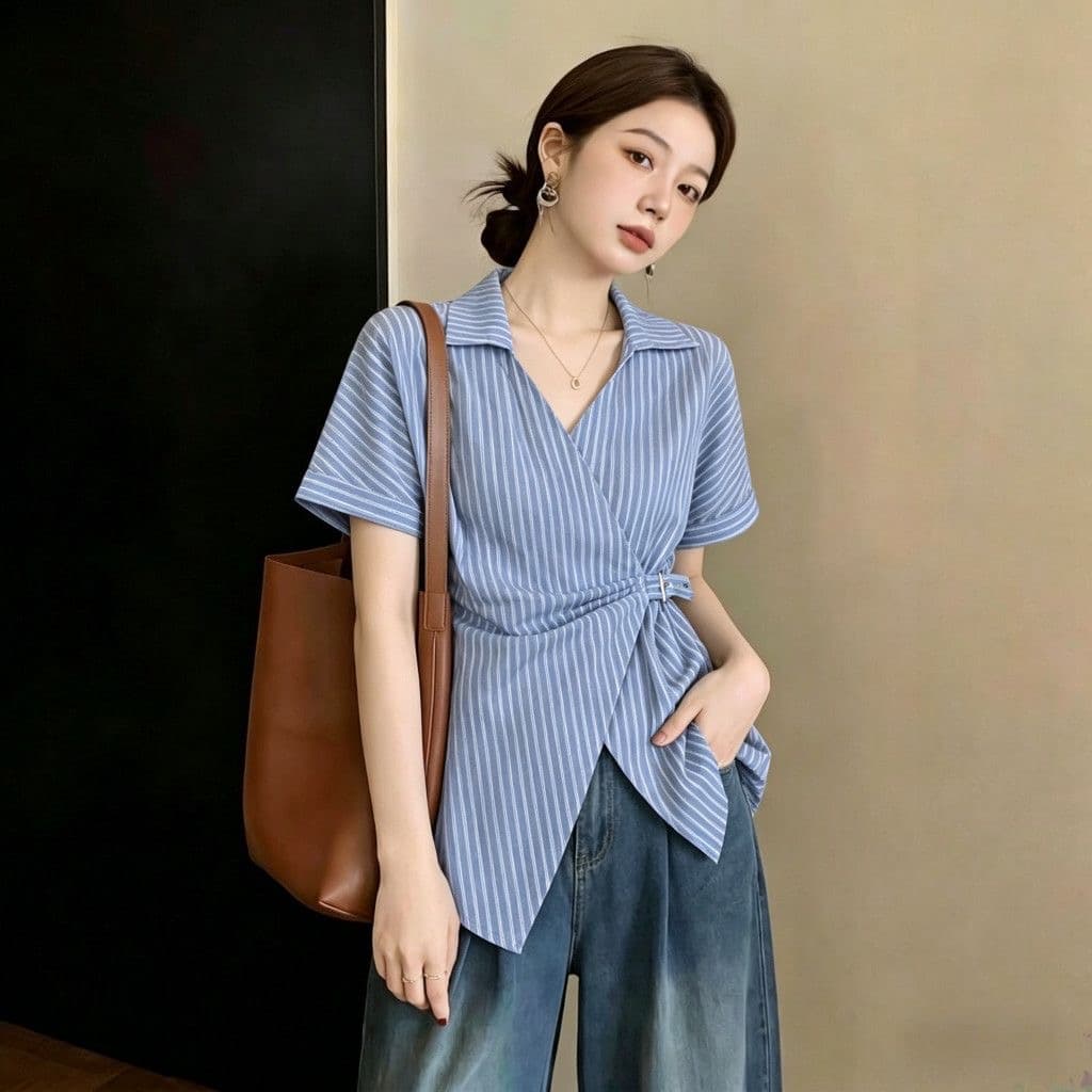 마이크로 지방 mm 여름 한 스타일 허리 수축 십자가 V넥 파란색 스트라이프 반팔 폴로 칼라 바지를 입는 셔츠 빅 사이즈 맨위 여성 이미지 2