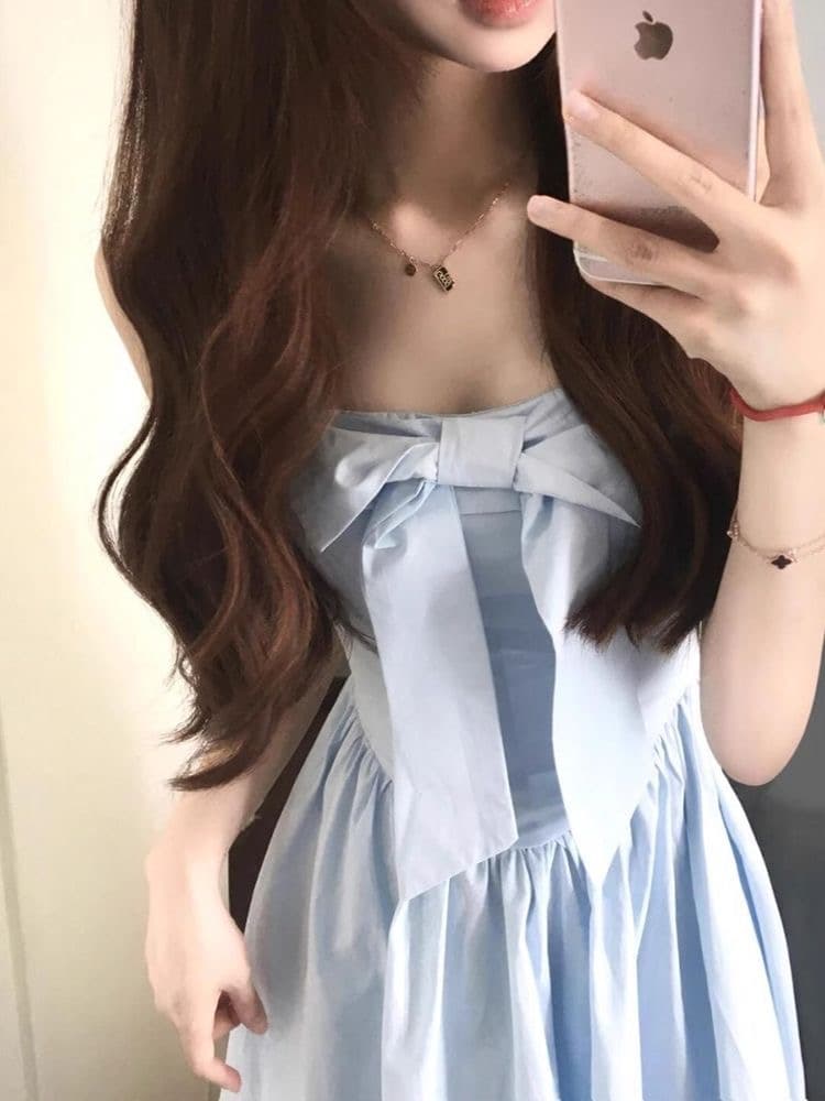캐주얼 파란색 슬립 나비 매듭 여성 드레스 여름 새로운 품격 달콤함 핫걸 허리 수축 슬림해 보이는 A라인 스커트 이미지 3