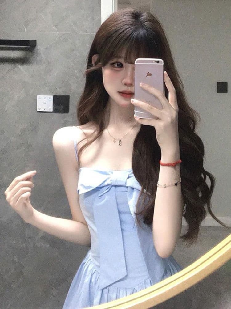 캐주얼 파란색 슬립 나비 매듭 여성 드레스 여름 새로운 품격 달콤함 핫걸 허리 수축 슬림해 보이는 A라인 스커트 이미지 4