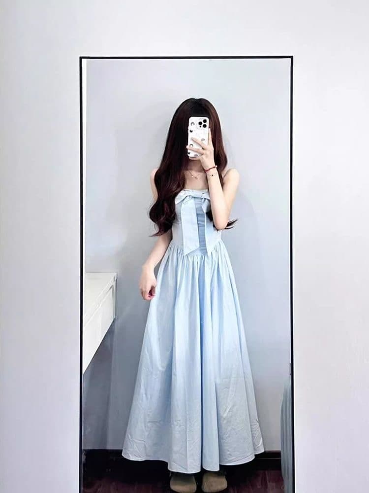 캐주얼 파란색 슬립 나비 매듭 여성 드레스 여름 새로운 품격 달콤함 핫걸 허리 수축 슬림해 보이는 A라인 스커트