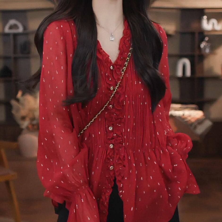 프랑스식 빛 요리 한 바람 빨간색 도트 무늬 여성 셔츠 새로운 V넥 캐주얼 바람 루즈핏 프로 피부 통기성 긴팔 셔츠