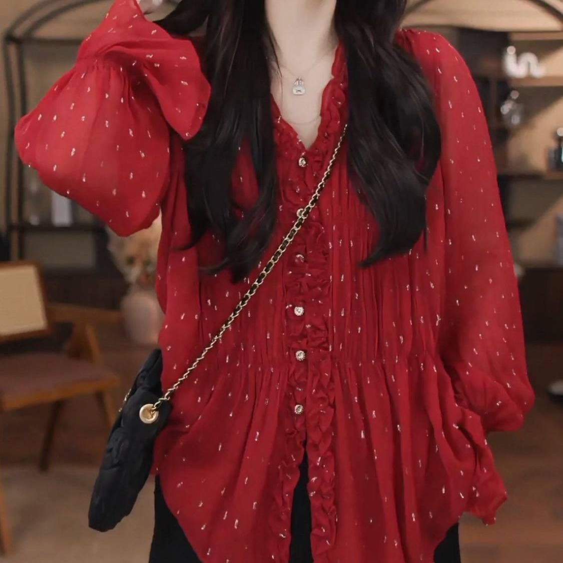 프랑스식 빛 요리 한 바람 빨간색 도트 무늬 여성 셔츠 새로운 V넥 캐주얼 바람 루즈핏 프로 피부 통기성 긴팔 셔츠 이미지 3