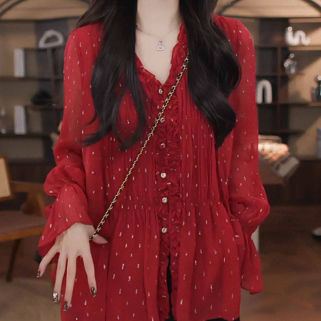 프랑스식 빛 요리 한 바람 빨간색 도트 무늬 여성 셔츠 새로운 V넥 캐주얼 바람 루즈핏 프로 피부 통기성 긴팔 셔츠 이미지 2